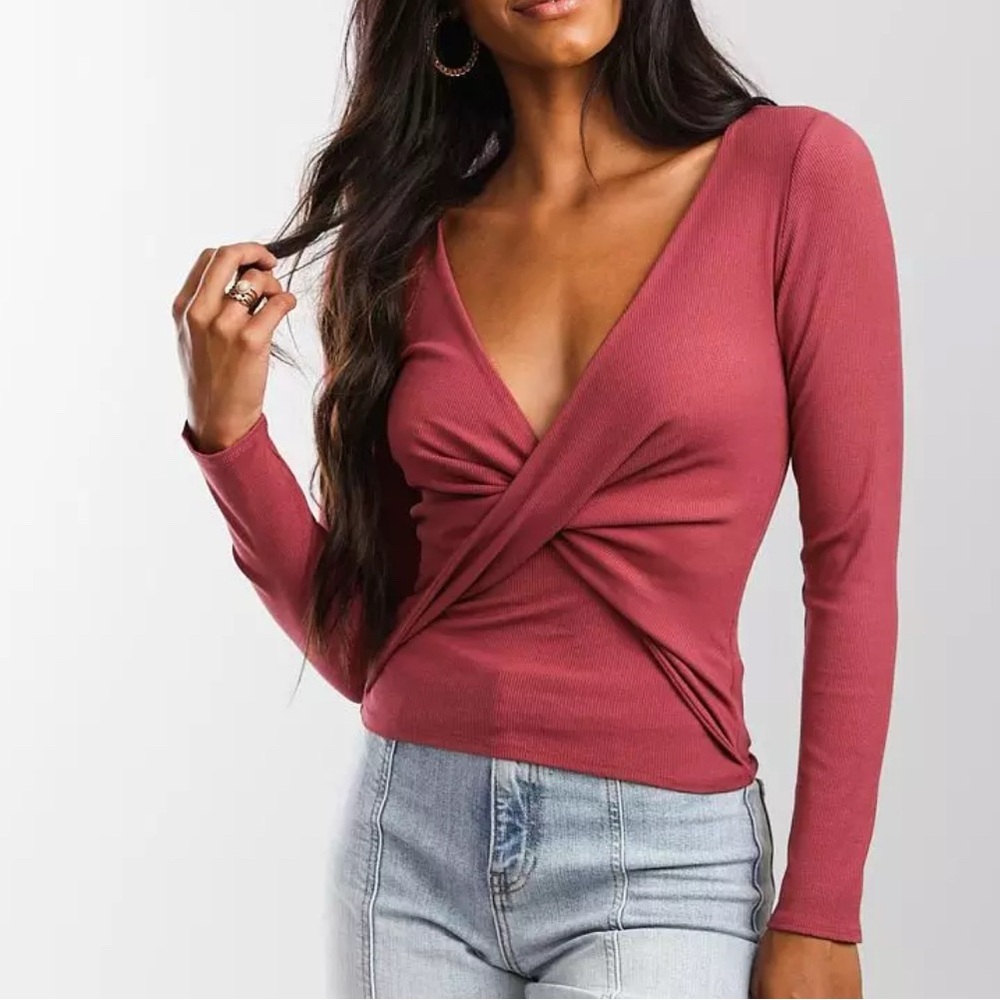 Buckle Pink Wrap Blouse with Long Sleeves and Fitted Style
